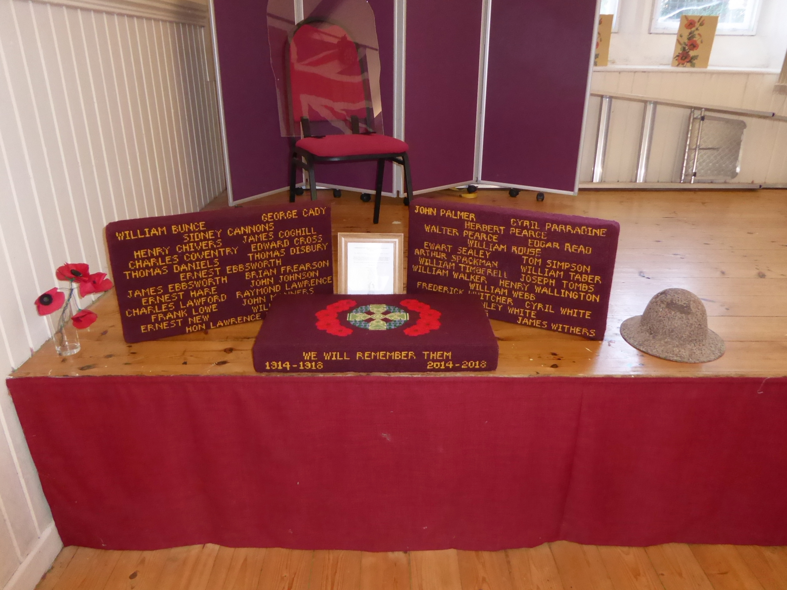 ALTER KNEELERS DISPLAYED IN THE VILLAGE HALL
